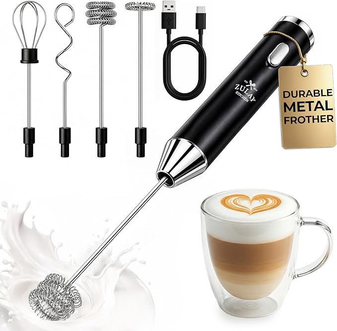 Zulay Kitchen Rechargeable Milk Frother Handheld - Frother Wand, Drink Mixer, Electric Whisk Frother, for Cappuccinos, Matcha & Protein Powder - Ultra Metal 3 Whisk, 1800mAh Black