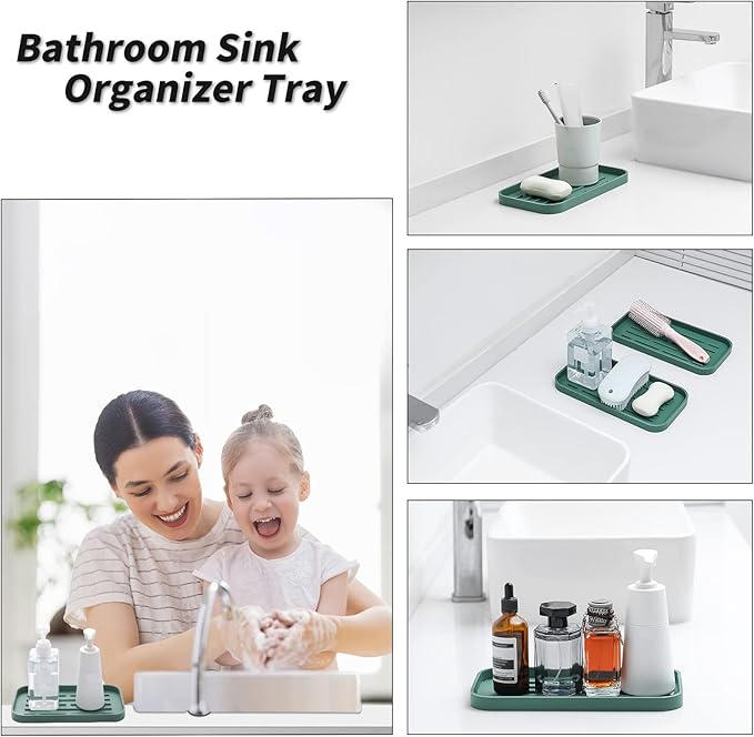 MicoYang Silicone Kitchen Sink Organizer Tray for Multiple Usage,Eco-Friendly Sponges Holder for Kitchen Bathroom Counter or Sink,Dish Soap Dispenser,Scrubber,Bottle,Cup (Green, 10"×5.3")