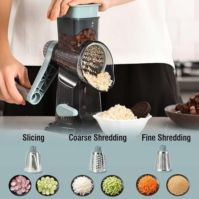 3-in-1 Manual Rotary Cheese Grater & Vegetable Slicer, Round Mandoline Food Chopper with 3 Interchangeable Blades, Strong Suction Base Hand Crank Grater for Cheese, Potato, Nuts & Veggies