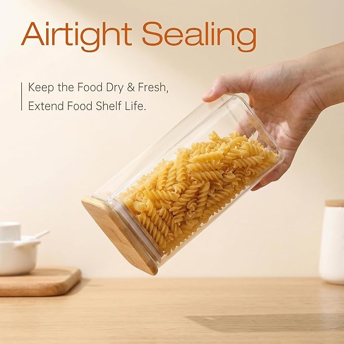 Extra Large Square Glass Flour & Sugar Storage Containers with Airtight Lids, 168oz 2 Pack Glass Jars with Bamboo Lids, Air tight Pantry Food Storage Containers for Cereal, Pasta, Rice Organizers