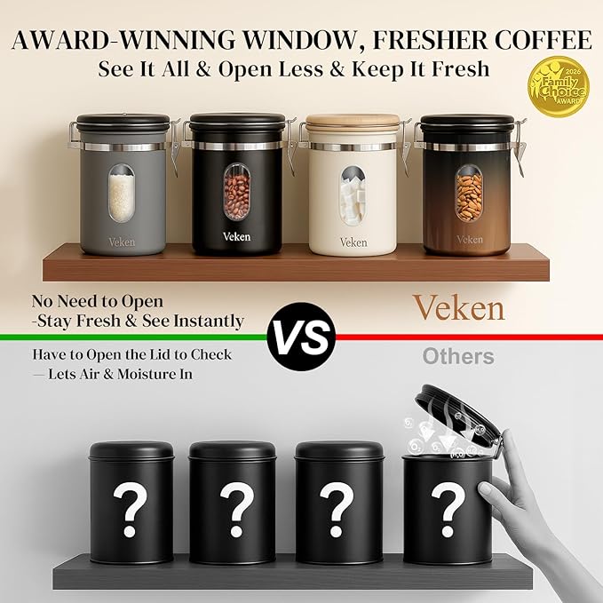 Veken Coffee Sugar Canister with Window, Gifts For Women,Airtight Stainless Steel Home Kitchen Food Storage Container Gift, Date Tracker & Scoop for Coffee Grounds, Beans,Tea,Flour,Cereal, 22OZ, Cream