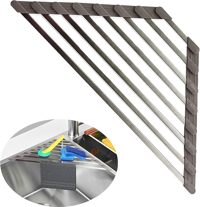 Ahyuan Corner Sink Dish Drainer Over The Sink Dish Drying Rack Corner Dish Rack SUS304 Cubic Stainless Still Kitchen Sponge Holder Corner Sink Sponge Caddy Dish Rack (Light Gray)
