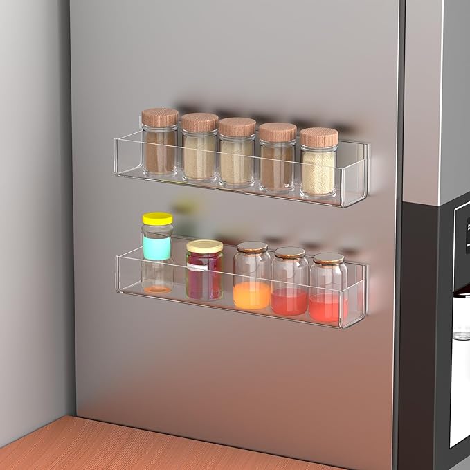 VAEHOLD Adhesive Acrylic Spice Rack with Nano Double Sided Tape Wall Mount Organizer Clear Wall Spice Rack With Shelf Ends for Kitchen Cabinet Door - 2 Pack 12‘’ Shelves