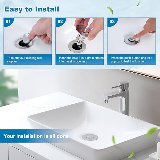 Hibbent 2 Pack Universal Bathroom Sink Drain Strainer, 3 in 1 Pop Up Stopper with Removable Stainless Steel Filter Basket, Brass Bullet Core, Hair Catcher Sink Plug for 1.1''~2.36'' Hole, Chrome