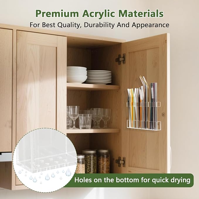 7.5" Small Acrylic Straw Holder for Cabinet Door - Reusable Tumbler Straw Organizer Storage, Small Kitchen Accessories Container, Ultra Sticky Cupboard Door Mounted (Transparent)