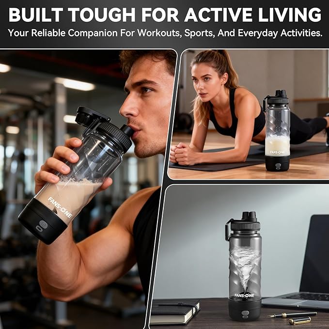 FANS-ONE Electric Protein Shaker Bottle, 24 oz USB C Rechargeable Electric Mixer, Shaker Cups for Protein Shakes and Meal Replacements, Portable Blender Self Mixing Cup for Gym Workout, Black