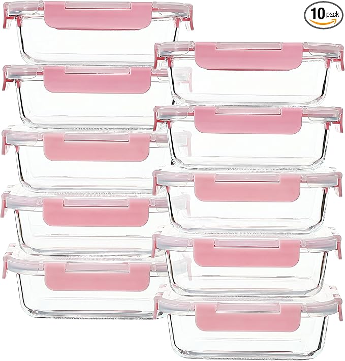 Glass Food Storage Containers 10 Pack - 22Oz Meal Prep Container Set with Lid, Airtight Snap Lock, Microwave Freezer Oven Dishwasher Safe, Lunch Box for Work, Pink