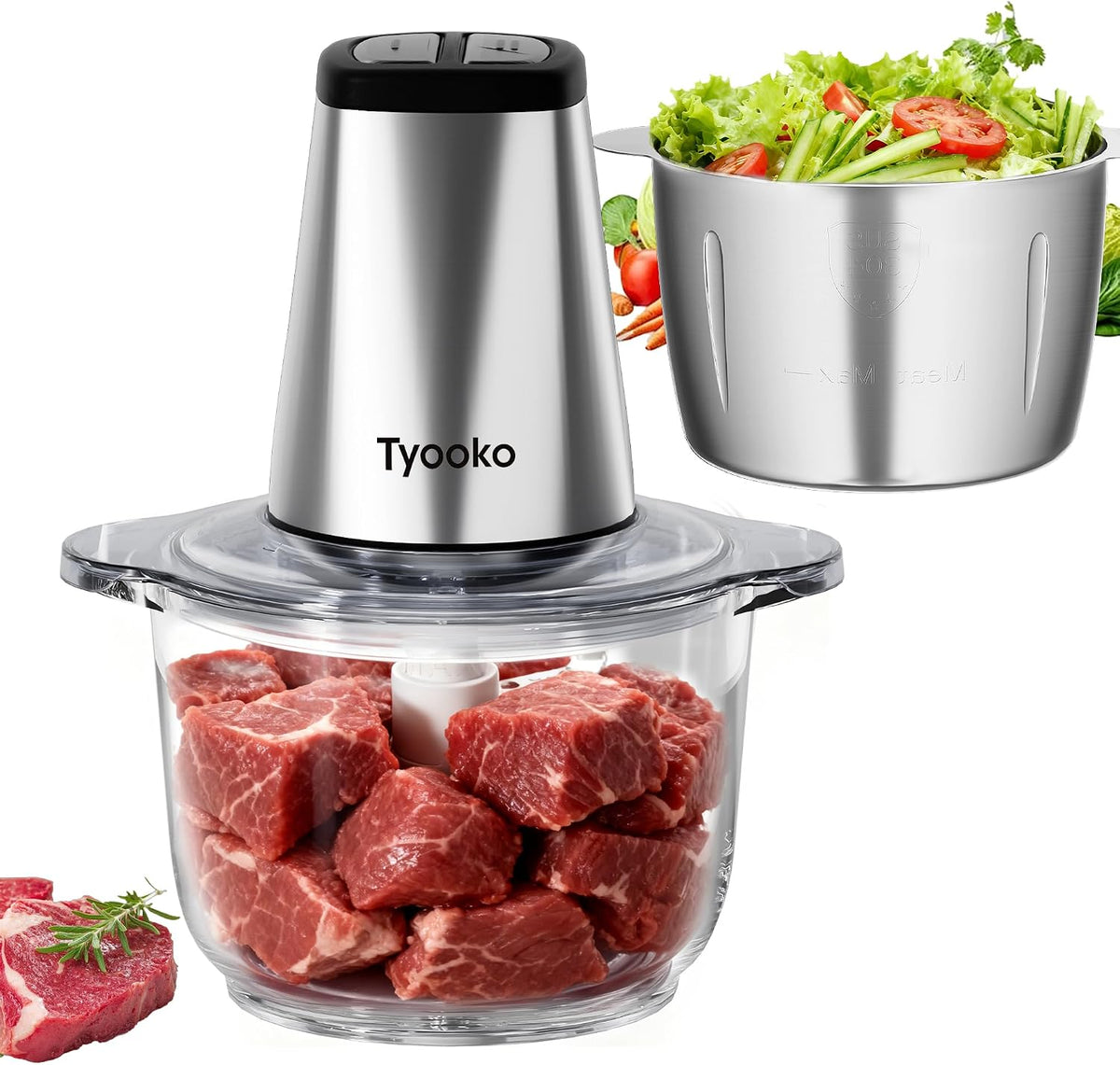 Electric Food Processor Vegetable Chopper, Upgraded Easy Clean Meat Grinder with 2 Bowls (8 Cup Stainless Steel+8 Cup Glass), Food Mixer for Fruits/Meat/Nuts/Veggie/Pet Food/Baby Food