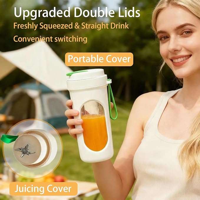 Portable Blender Cup, 15oz Mini Juicer, Shake and Smoothie Maker, Upgraded 2 Lids (Juicing & Drinking), 12 Blades, Usb Rechargeable Blender for Camping/Travel/College dorm (Green)