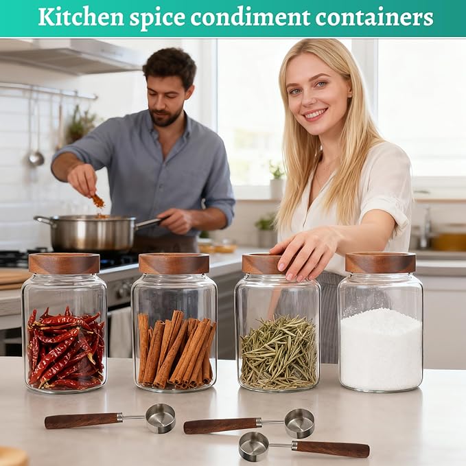 60 oz Glass Coffee Jars with Wooden Airtight Lid Spoon Clear Herb Ground Canister Round Food Storage Container for Sugar Pantry Flours Tea Coffee Bean Spice Cookies (1800ml/60oz-2PACK（with spoon))