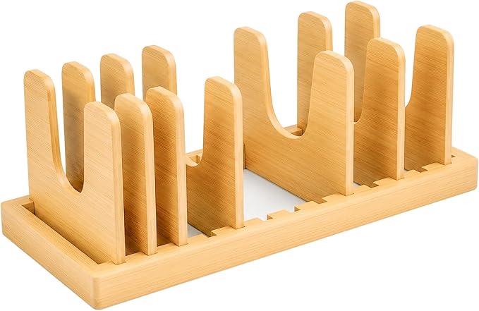 Premium Bamboo Pot Lid and Pan Organizer Rack for Kitchen Cabinets & Drawers – Adjustable Expandable Cookware Divider for Heavy Cast Iron, Baking Sheets & Plates – Scratch-Free Moisture-Resistant Wood