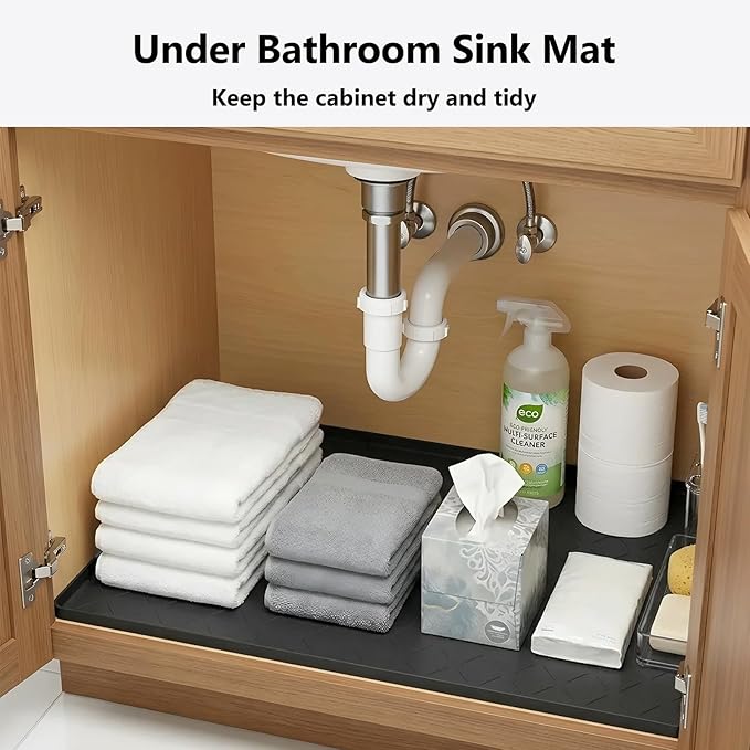 Mateeylife Under Sink Mats for Kitchen Waterproof 28"X19", Undersink Protectors，Silicone Mat Cabinet Liner, Under Sink Organizer for Bathroom and Kitchen，Boot Tray Pet Food Mat, Classic Black