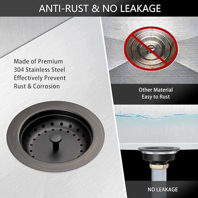 Kitchen Sink Drain Bronze 3-1/2 Inch Stainless Steel Kitchen Drain Strainer Assembly Kit with Strainer Basket and Drain Stopper for Standard Sink Drains Oil Rubbed Bronze
