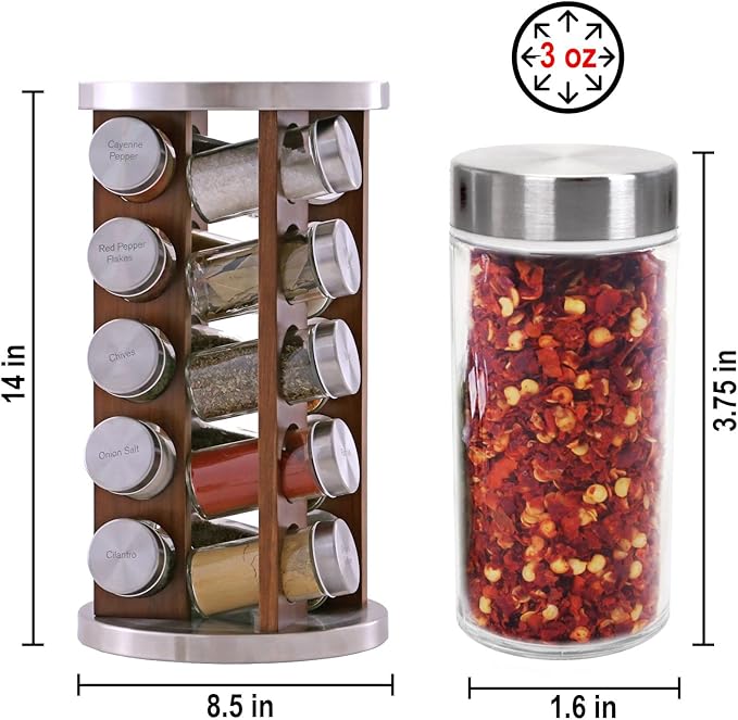 20 Jar Rotating Dark Acacia Wood Spice Rack with Spices Included & 5-Year Spice
