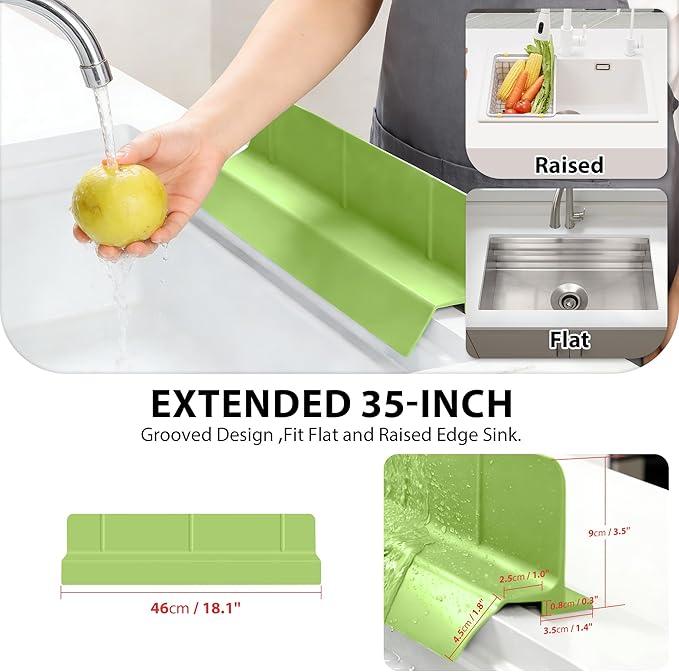 18Inch Sink Splash Guard – Extended Length & Tall Silicone Kitchen Sink Splash Guard with Overhang Drainage Design & Strong Suction Cups for Countertop(Green, 18''x3.5'')