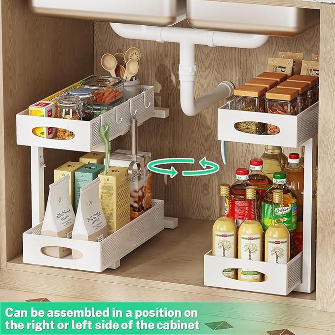 2 Pack Under Sink Pull Out Organizer, 5-Level Adjustable Height to Fit U/L Shape Plumbing Pipes, Carbon Steel 2-Tier Storage Rack for Kitchen Bathroom Cabinet, White
