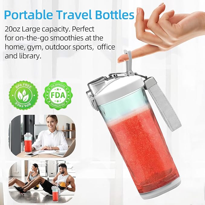 DENOKIN Portable Blender, Shakes and Smoothies Cordless Personal Size Blender 20oz with 6 Blade and a Travel Lid (Apple White)