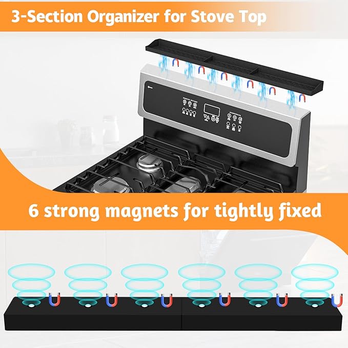 Magnetic Stove Top Shelf, Over the Stove Shelf Spice Rack & Spice Organizer – 30" Heat Resistant Silicone Stove Shelf, No Drill Kitchen Storage Organizer for Gas/Electric Stoves & Small Kitchens