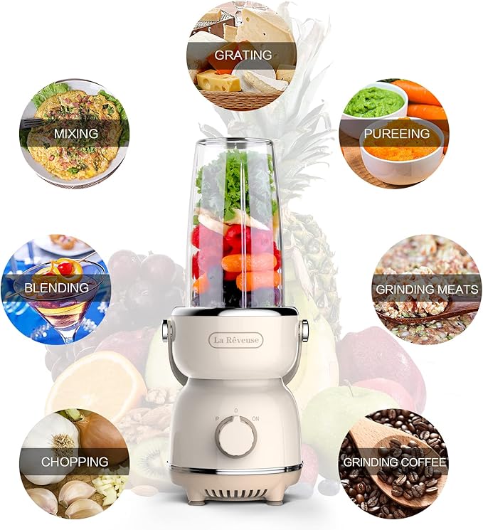La Reveuse Personal Size Blender 300 Watts for Shakes Smoothies Seasonings Sauces with 17 oz Cup / 10 oz Mug,Retro Style