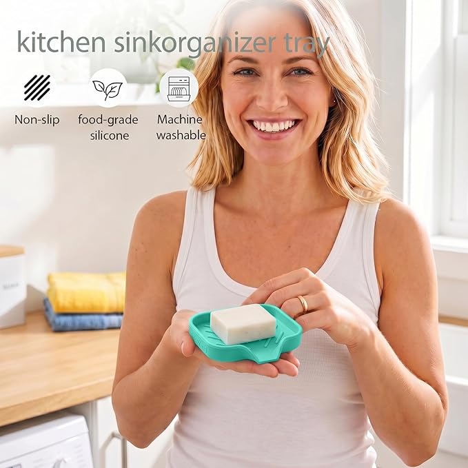 MicoYang Silicone Soap Dish with Drain Spout, Self-Draining Sink Organizer Tray for Bathroom and Kitchen, Sponges, Dispensers and Soap Holder, Non-Slip and Dishwasher Safe, Mint (Compact, 4.9"×3.2")
