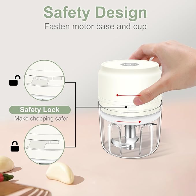 250ML Mini Electric Garlic Mincer, Onion Chopper Grinder Masher, USB Wireless Garlic Press, Small Food Processor Blender for Vegetable Ginger Chili, White