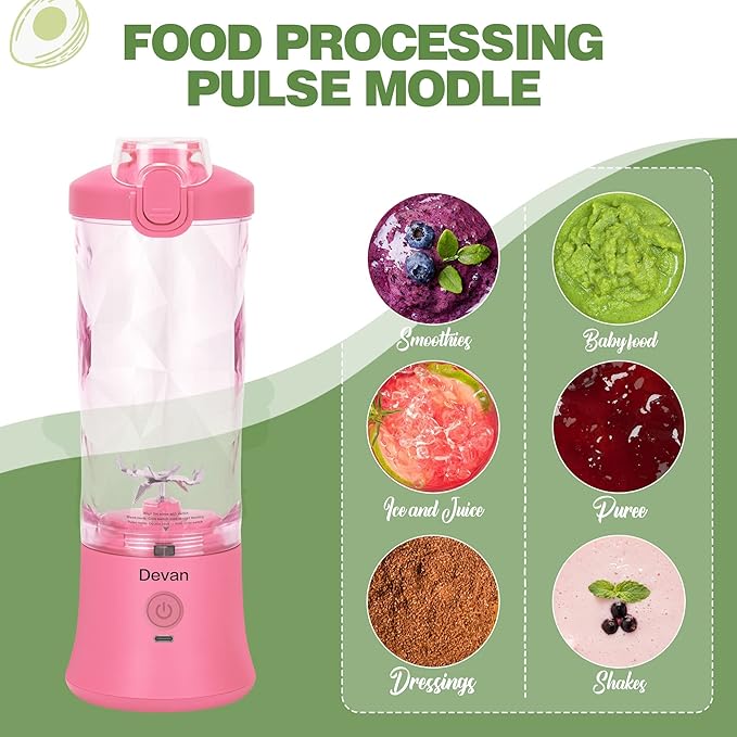 Portable Blender,270 Watt for Shakes and Smoothies Waterproof USB Rechargeable with 20 oz BPA Free Blender Cup and a Travel Lid. (Pink, 20 oz)