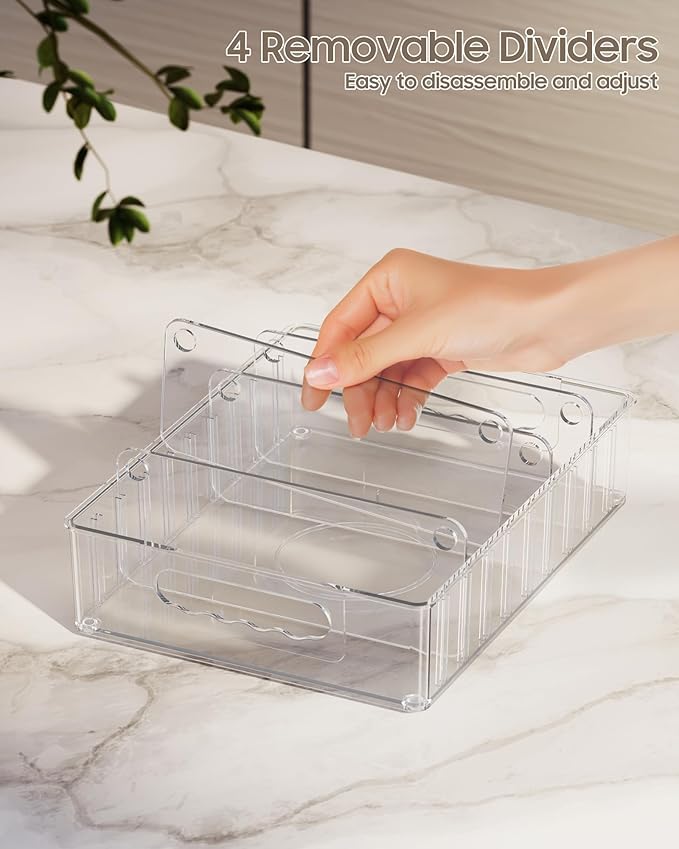 LYNG Lid Organizers Inside Cabinet, Clear Plastic Storage Lid Organizer With 4 Adjustable Dividers, Food Container Lid Organizer For Kitchen Pantry Blue