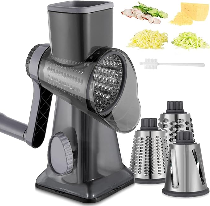 Cheese Grater Hand Crank Rotary Vegetables Shredder with Handle, 3-in-1 Graters with Interchangeable Blades and Non-slip Base Multifunctional Slicer for Kitchen