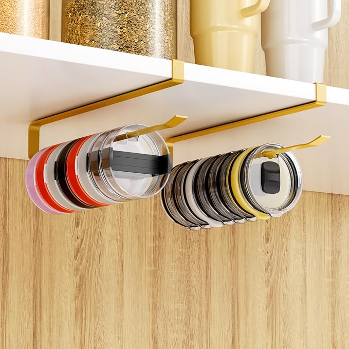 2 PCS Tumbler Lid Organizers, Ample Lid Capacity Up to 30 Lids, No Adhesive No Drill Yeti Lid Organizer Holder Inside Cabinet, Space-Saving Stanley Tumbler Cup Lid Holder Organizer for Kitchen (Gold)