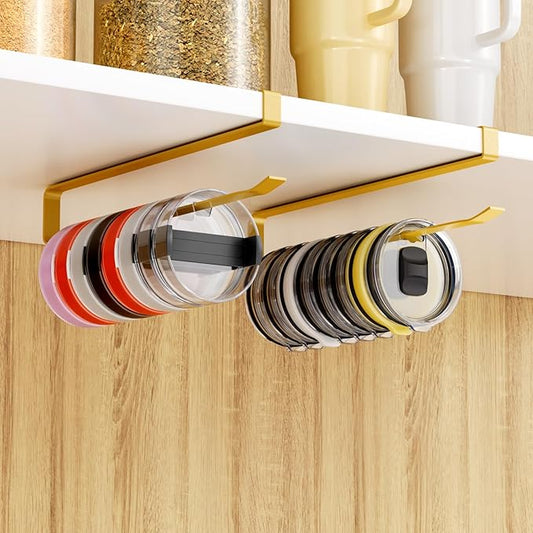 2 PCS Tumbler Lid Organizers, Ample Lid Capacity Up to 30 Lids, No Adhesive No Drill Yeti Lid Organizer Holder Inside Cabinet, Space-Saving Stanley Tumbler Cup Lid Holder Organizer for Kitchen (Gold)