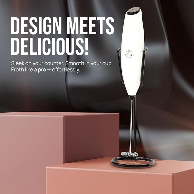 Zulay Kitchen Powerful Milk Frother Wand With Duracell Batteries - Ultra Fast Handheld Drink Mixer - Electric Whisk Foam Maker for Coffee, Lattes, Cappuccino & Matcha - Z1 Motor - Exec White & Black