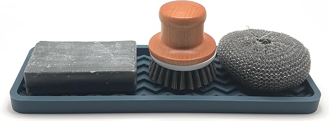 Silicone Sink Organizer Tray, Rectangular, Modern Style, Heat Safe, Dishwasher Safe, for Bathroom and Kitchen Organization (Smoky Blue, 12" x 4", 9.2 Ounces, Zigzag)
