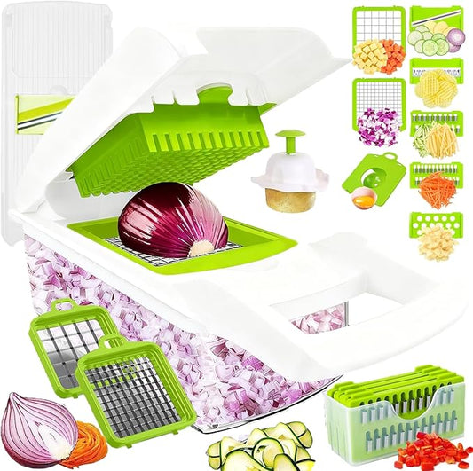 Dewpeton Pro-Series 16-in-1 Mandoline Slicer & Spiralizer, Veggie Chopper with Container for Onion Salad & More