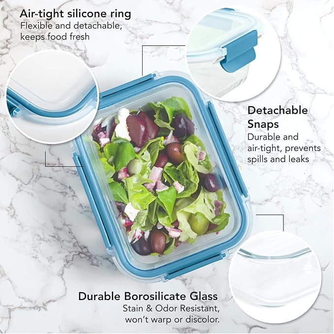 ECOBERI Glass Meal Prep Containers, 5 Piece 4.5 Cup Set, Borosilicate Glass Food Storage with Leak-Resistant Lids, Oven, Microwave, Freezer and Dishwasher Safe