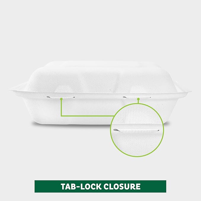Freshware Clamshell Food Containers with Lids [9x9" 100-Pack] Disposable To Go Containers, Biodegradable Sugarcane To Go Boxes - Paper Food Container - Microwave & Freezer Safe, Stackable