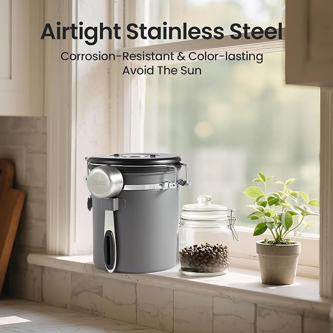Veken Coffee Canister, Airtight Stainless Steel Kitchen Food Storage Container Holder for Beans, Ground, Tea, Flour, Cereal, Sugar, Espresso, Bar Accessories, Lids, Jars, Sealed Tin, Scoop,16OZ, Gray