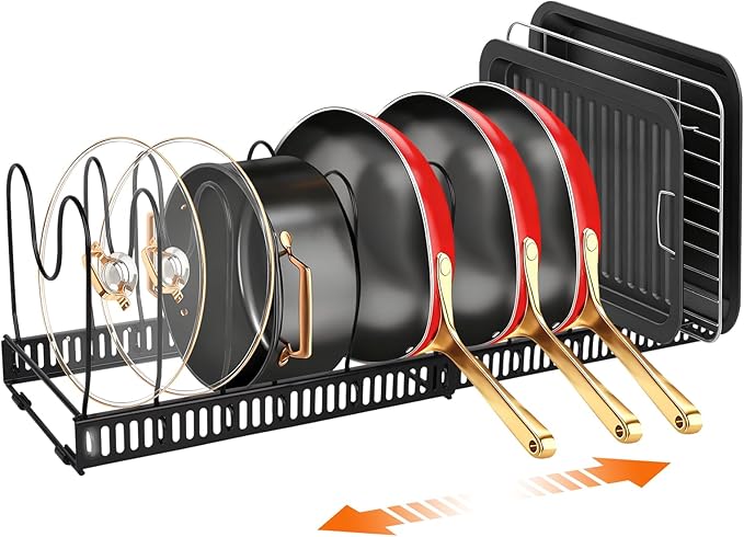 Pots and Pans Organizer for Under Cabinet, Expandable 11.81''-22.85'' Kitchen Organizer with 13 Adjustable Compartments, Pot Lid Pan Rack for Cabinet Drawer Countertop, Bakeware Cutting Board