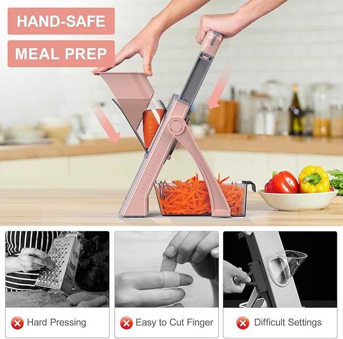 [All in 1] Upgraded Version Safe Mandoline Slicer for Kitchen, Adjustable Thickness. Veggie Slicer, Rapid Prep Mandoline, Detachable Blade, Cleaning Brush/Paring Knife (GrayPink)