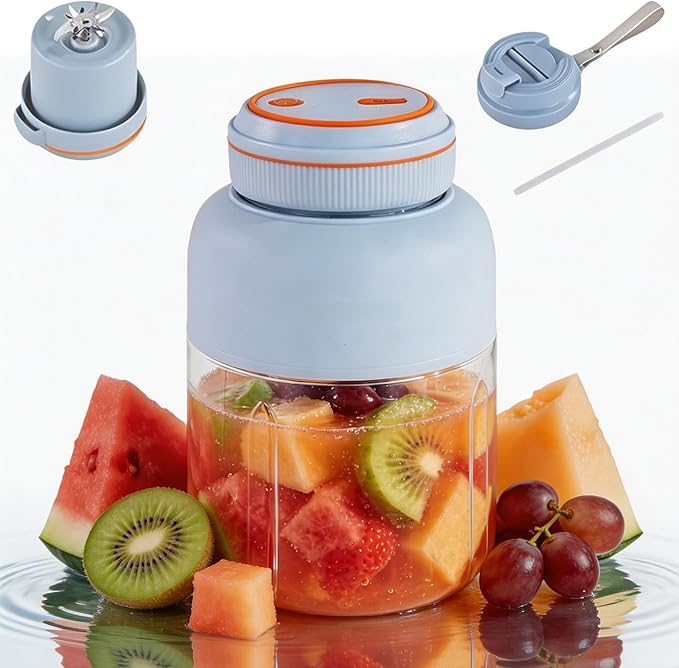 Portable Wireless Juicer Cup, 45oz Extra Large Capacity, 1300 mAh Battery Offers Extremely Long Battery Life, Dual Lid Compact Travel Drinking Cup for Office Outdoor, Picnic (PP-Light Blue)