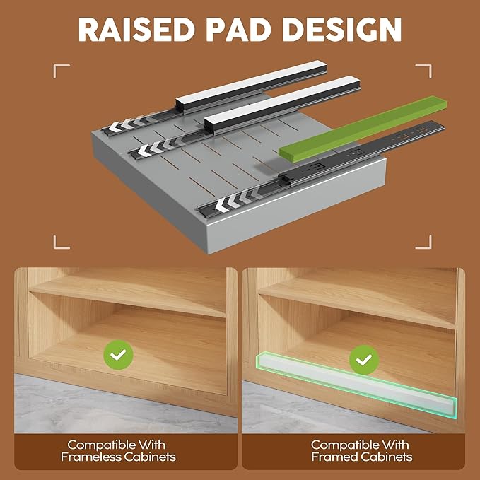 Seinloes 2 Pack Expandable Width (15.15"-26.3") Pull Out Cabinet Organizer 21" Deep with Raising Pad for Framed Cabinets, Upgrade 3 Slide Rails Slide Out Drawers, Roll Out Shelves Adhesive, Silver