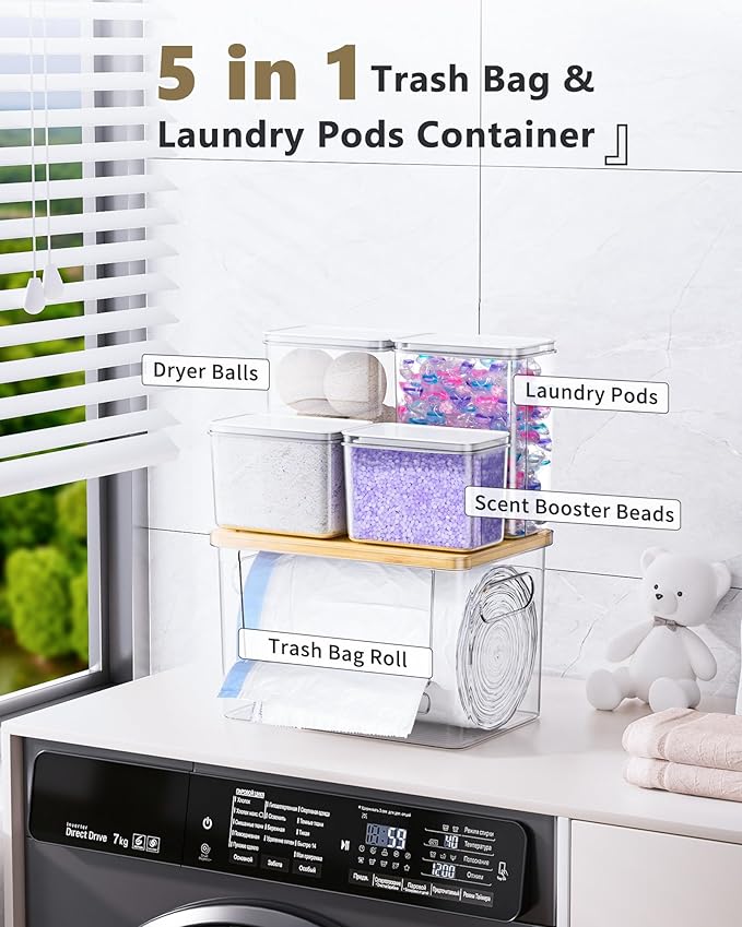 iCASA Trash Bag Dispenser Dishwasher Pods Container, 5 in 1 Garbage Bags Holder Under Sink Organizer Acrylic Laundry Pod Detergent Powder Container, Kitchen Pantry Laundry Room Organization Storage