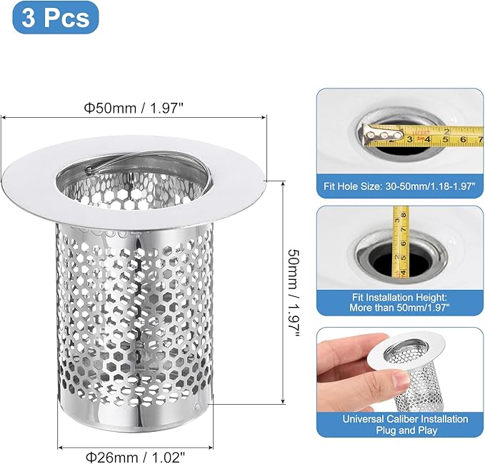 uxcell 3 Pack Shower Drain Strainer, 2" x 2" Stainless Steel Floor Drain Strainer Deep Sink Hair Catcher for Kitchen Bathroom Balcony Floor Drain, Fit Hole Size from 1.18" to 1.97"