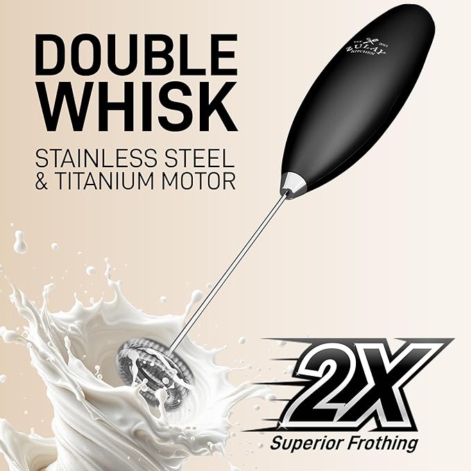 Zulay Kitchen Powerful Milk Frother Wand With Duracell Batteries - Ultra Fast Handheld Drink Mixer - Electric Whisk Foam Maker for Coffee, Lattes, Cappuccino & Matcha - Double Whisk - Alpha Black