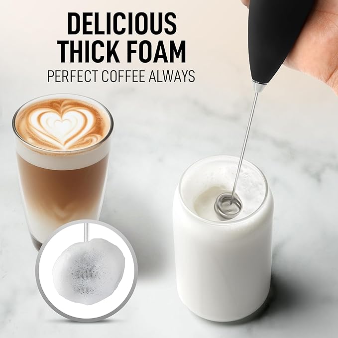 Zulay Kitchen Powerful Milk Frother Wand With Duracell Batteries - Ultra Fast Handheld Drink Mixer - Electric Whisk Foam Maker for Coffee, Lattes, Cappuccino & Matcha - Double Whisk - Alpha Black