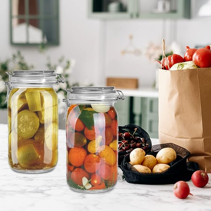 Tebery 4 Pack Clear Wide Mouth Glass Mason Jars with Airtight Clamp Lids, 32Oz Glass Storage Containers Large Kitchen Canisters for Food, Flour, Pasta, Coffee, Candy, Dog Treats, Snacks & More