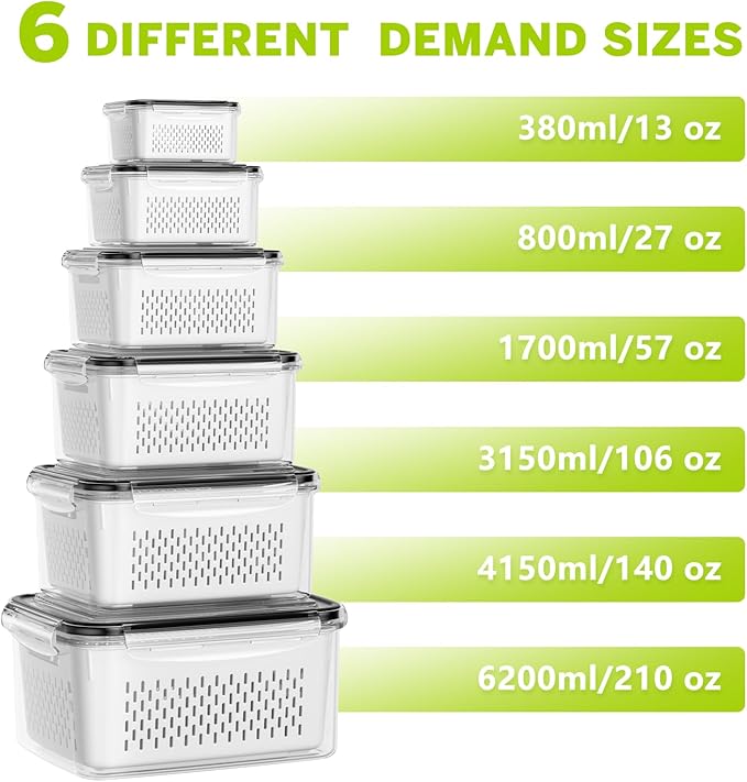 HOMETALL 6 PCS Fruit Storage Containers for Fridge with 6 Removable Colanders, BPA Free Produce Containers for refrigerator, Dishwasher & Microwave Safe Food Containers Keep Fruit, Salad, Berry, Fresh