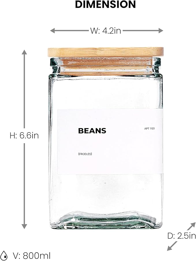 APT 1101 Glass Storage Jars with Bamboo Lid, glass canisters with airtight lids, Clear jars with lids for Spice, Cookie, Candy, Tea, Coffee Bean and Rice (White, 26 oz, Set of 6)