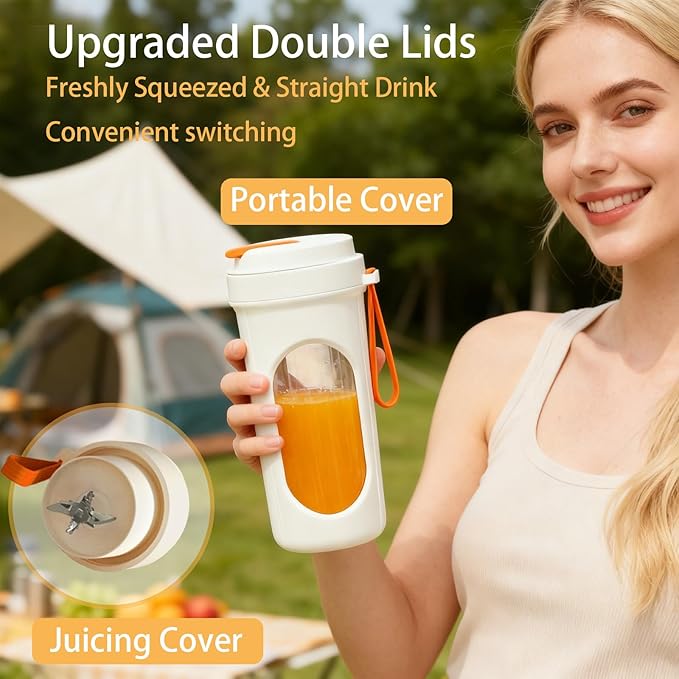 Portable Blender Cup, 15oz Mini Juicer, Shake and Smoothie Maker, Upgraded 2 Lids (Juicing & Drinking), 12 Blades, Usb Rechargeable Blender for Camping/Travel/College dorm (Orange)