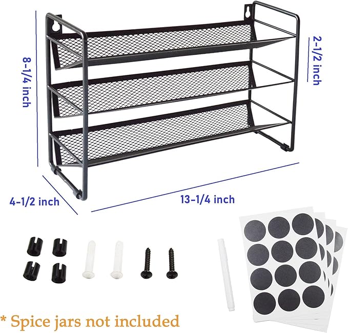 3 Tier Spice Rack Organizer with 48pcs Labels and Chalk Marker, Seasoning Organizer Shelf for Countertop, Kitchen Cabinet or Wall Mount, Black (Spice Jars are NOT Included)
