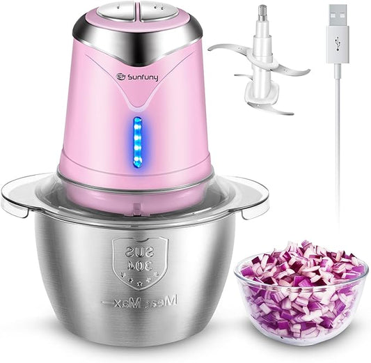 Food Processor Cordless Meat Garlic Chopper with 5 Cup Stainless Steel Bowl, 6000mAh USB Rechargeable Electric Vegetable Chopper BPA-free Baby Food Processor Blender Mini Kitchen Mixer, 4 Blades(Pink)